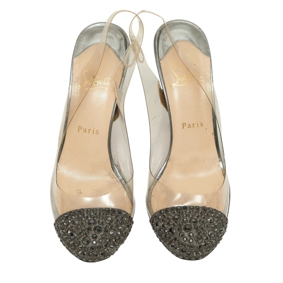 CHRISTIAN LOUBOUTIN Slingback Pumps PVC Crystals Pewter Leather Heels Cap Toe 38 - Picture 5 of 16